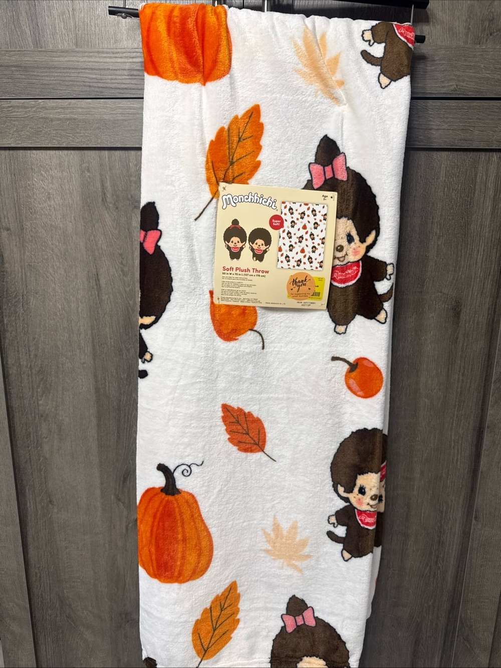 New Monchhichi Fall Autumn Leaves & Pumpkins White Throw Blanket On Hanger